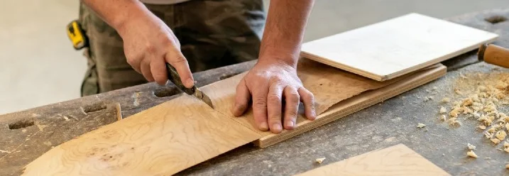 Person schneidet Holzfurnier mit Cuttermesser